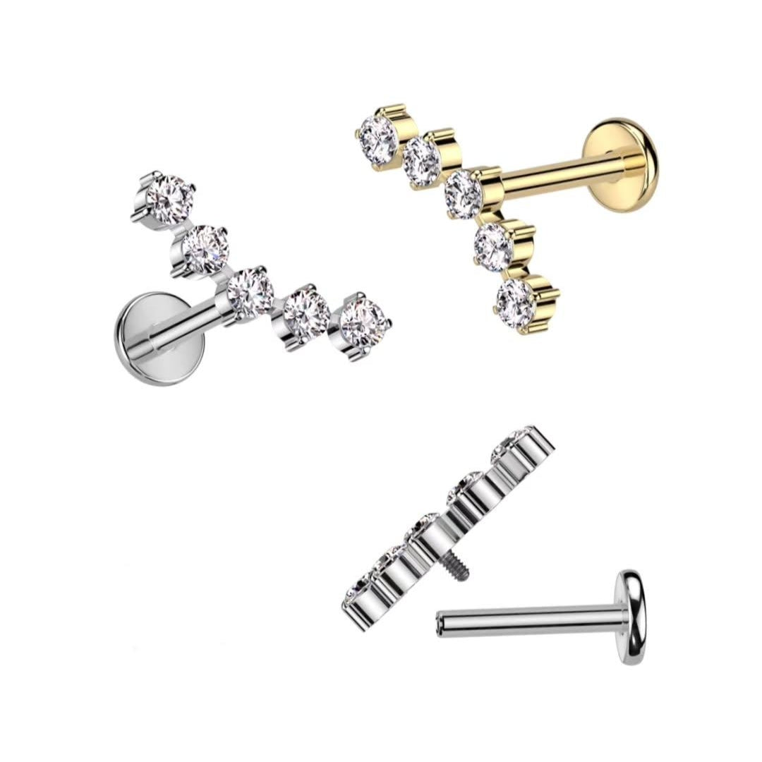 Labret Piercing Boog Zilverkleurig 5 Zirconia Steentjes - Titanium