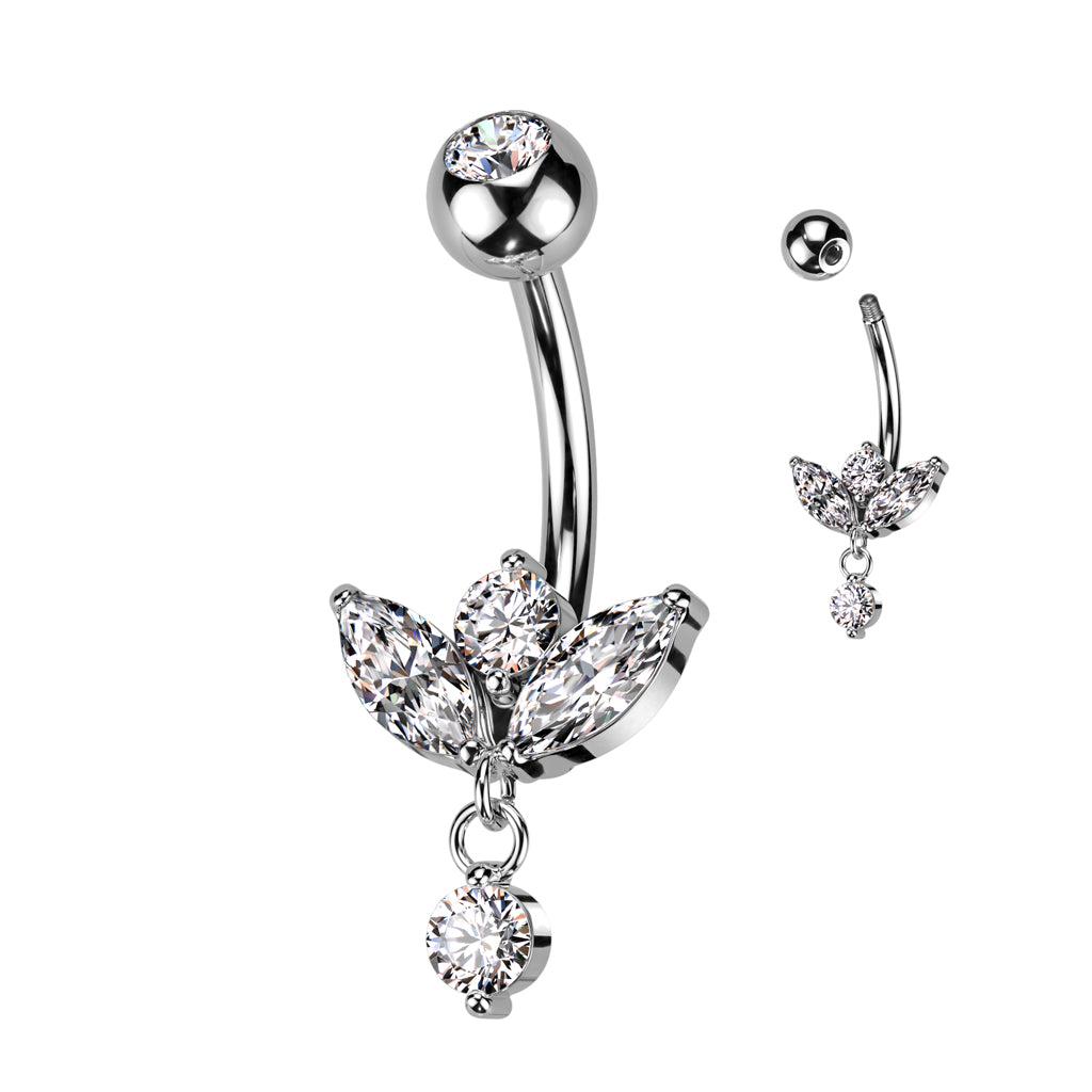 Zilverkleurige navelpiercing met sierlijke marquise hanger van chirurgisch staal