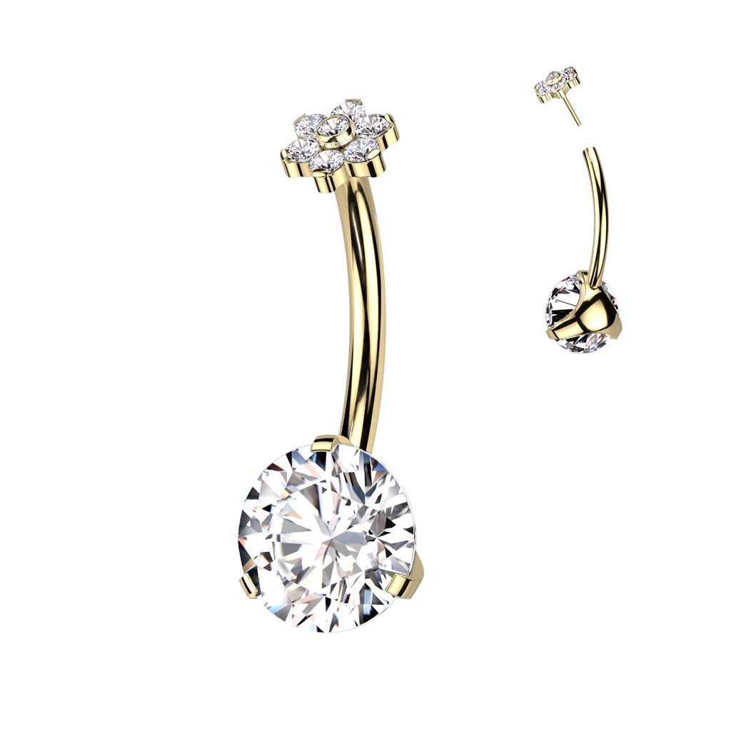 Goudkleurige navelpiercing met bloemvormige top – titanium met PVD coating