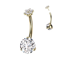 Goudkleurige navelpiercing met bloemvormige top – titanium met PVD coating