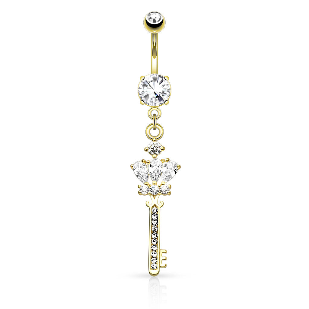 Navelpiercing goudkleurig met kroonvorm bedel en zirconia kristallen van chirurgisch staal