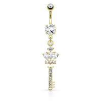 Navelpiercing goudkleurig met kroonvorm bedel en zirconia kristallen van chirurgisch staal