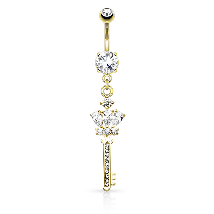 Navelpiercing goudkleurig met kroonvorm bedel en zirconia kristallen van chirurgisch staal