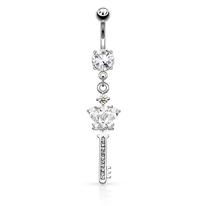 Zilverkleurige navelpiercing met kroonvormige bedel en zirconia steentjes van chirurgisch staal