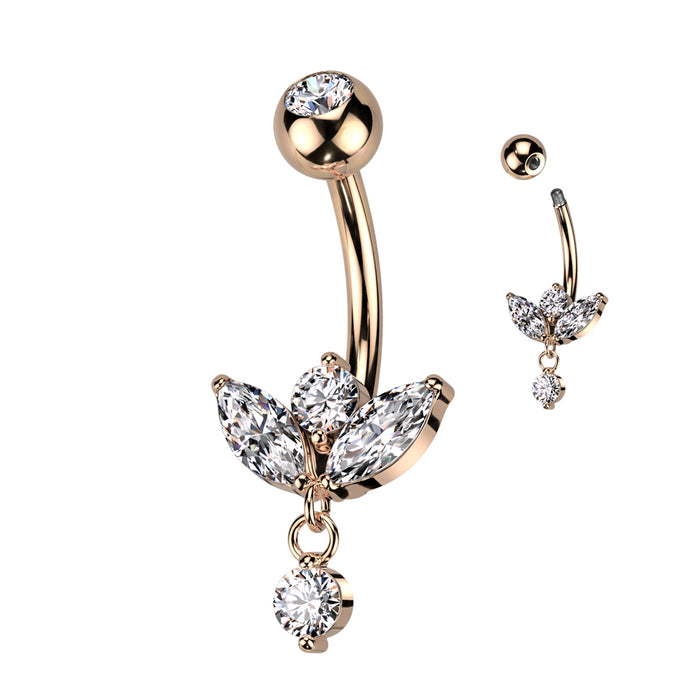 Roségoudkleurige navelpiercing met marquise hanger van chirurgisch staal – voor de navel