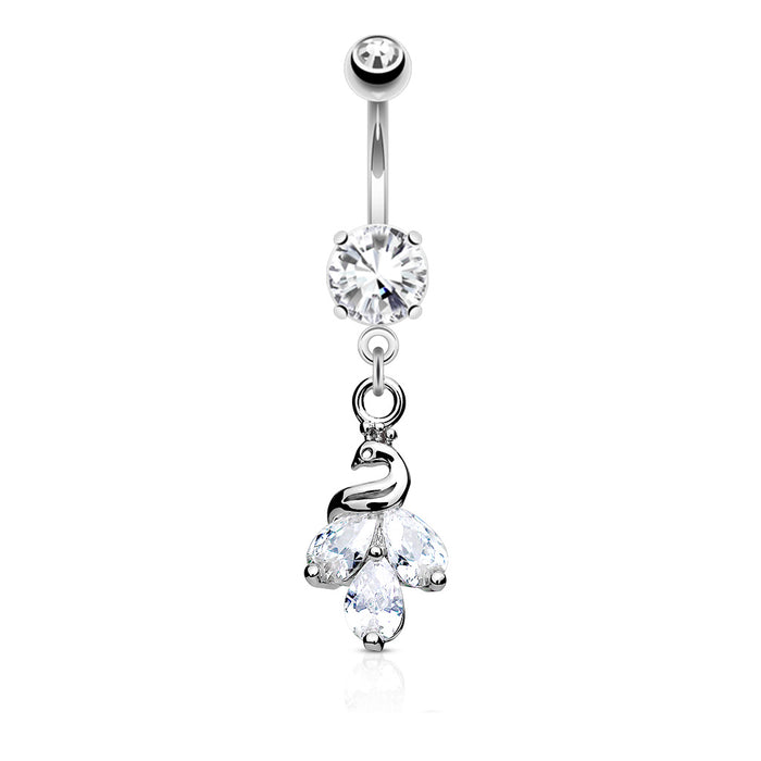 Zilverkleurige navelpiercing met sierlijk pauwdesign en kristallen van chirurgisch staal