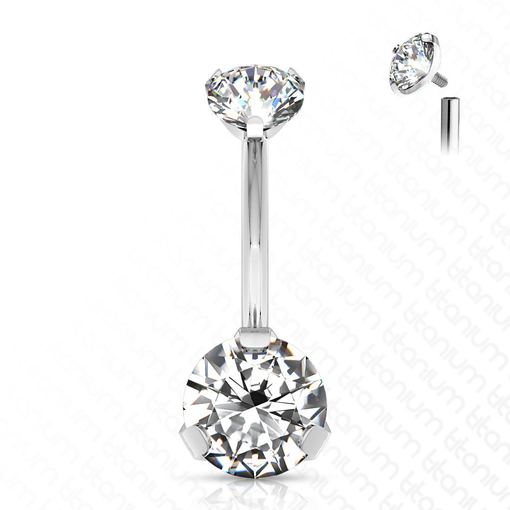 Zilverkleurige navelpiercing van titanium met twee heldere zirconia kristallen