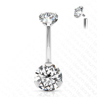 Zilverkleurige navelpiercing van titanium met twee heldere zirconia kristallen