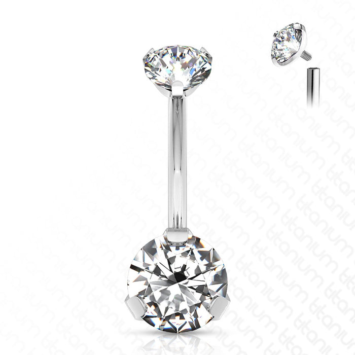 Zilverkleurige navelpiercing van titanium met twee heldere zirconia kristallen