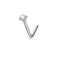 Zilverkleurige L-vorm neuspiercing met fonkelende zirconia van chirurgisch staal voor de nostril.