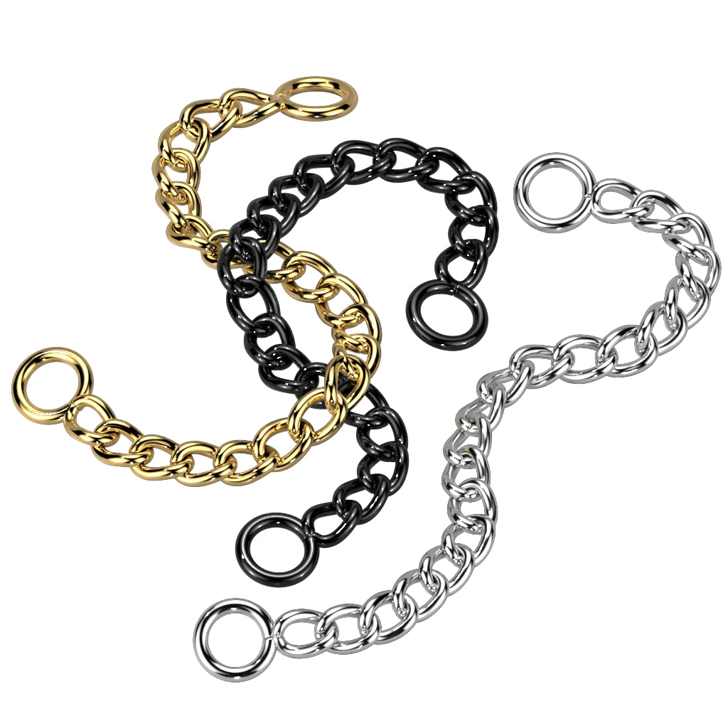 Piercing kettingen in zwart, goud en zilverkleurige varianten, diverse lengtes.